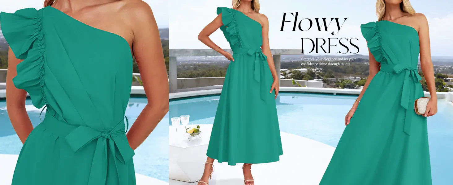Women's Summer One Shoulder Ruffle Dress 2024 Sleeveless Empire Waist Boho Flowy Maxi Dresses Touch Data