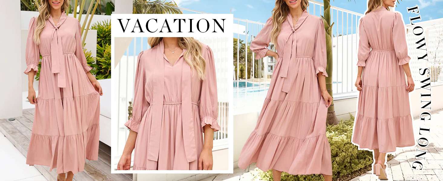 202405101742 Women's Summer V Neck Maxi Dress Casual Short Sleeve Elastic High Tiered A Line Flowy Beach Party Long Dress Tou...