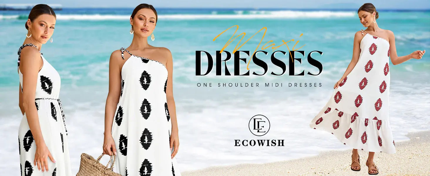 Womens Summer Maxi Dresses: One Shoulder Midi Dresses Boho Beach Vacation Long Sundress with Pockets Touch Data