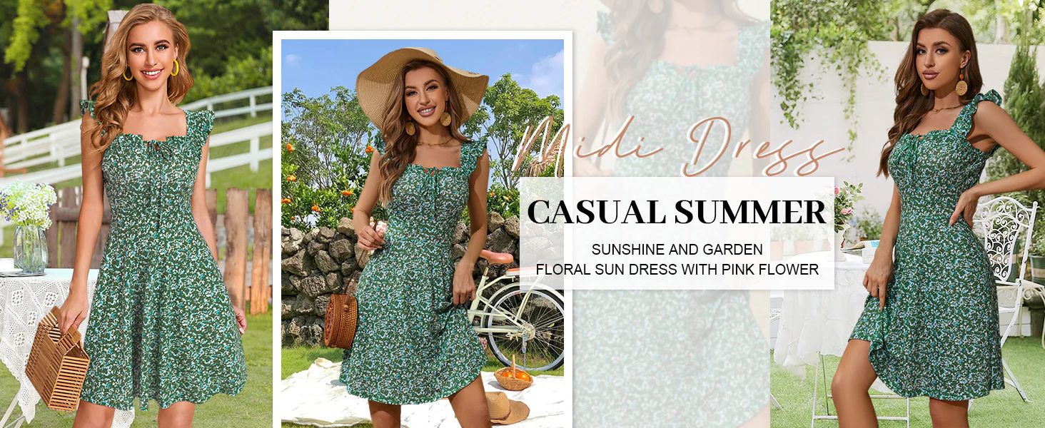 202405131945 Summer Sun Dresses for Women 2024 Adjustable Square Neck Sleeveless Midi Floral Graduation Beach Casaul Sundress...