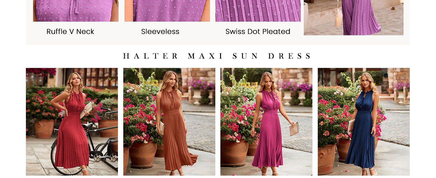 womens summer sleeveless halter midi sundress swiss dot flowy maxi dress pleated wedding guest dress