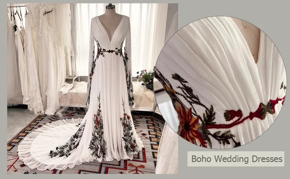 202405151734 V-Neck Boho Wedding Desses for Bride Long Sleeves A-line Appliques Chiffon Bridal Gowns with Train WD114 Touch D...