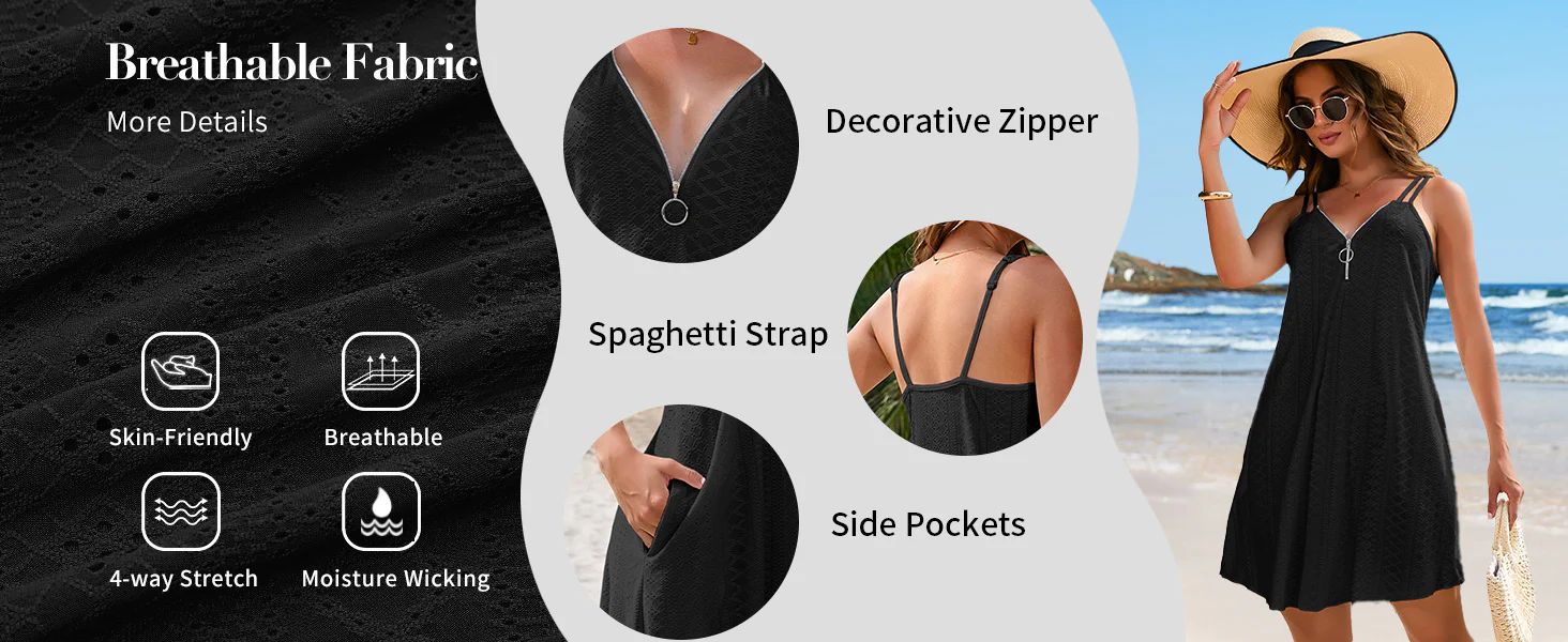 202405131936 Hollow out Swimsuit Coverup for Women Swimwear Zipper Swim Cover Up Spaghetti Strap Bikini Beach Casual Summer D...