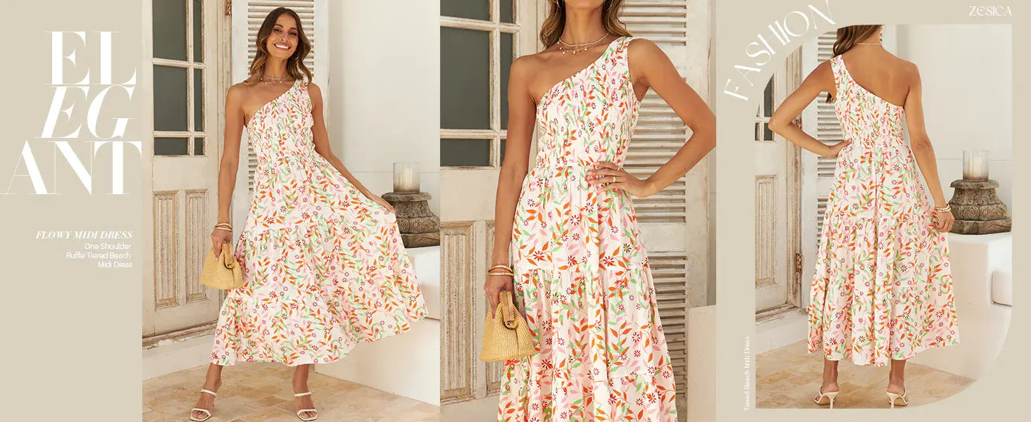 Women's 2024 Bohemian Summer Floral Print One Shoulder Sleeveless Smocked Ruffle Tiered Beach Long Midi Dress Touch Data     ...