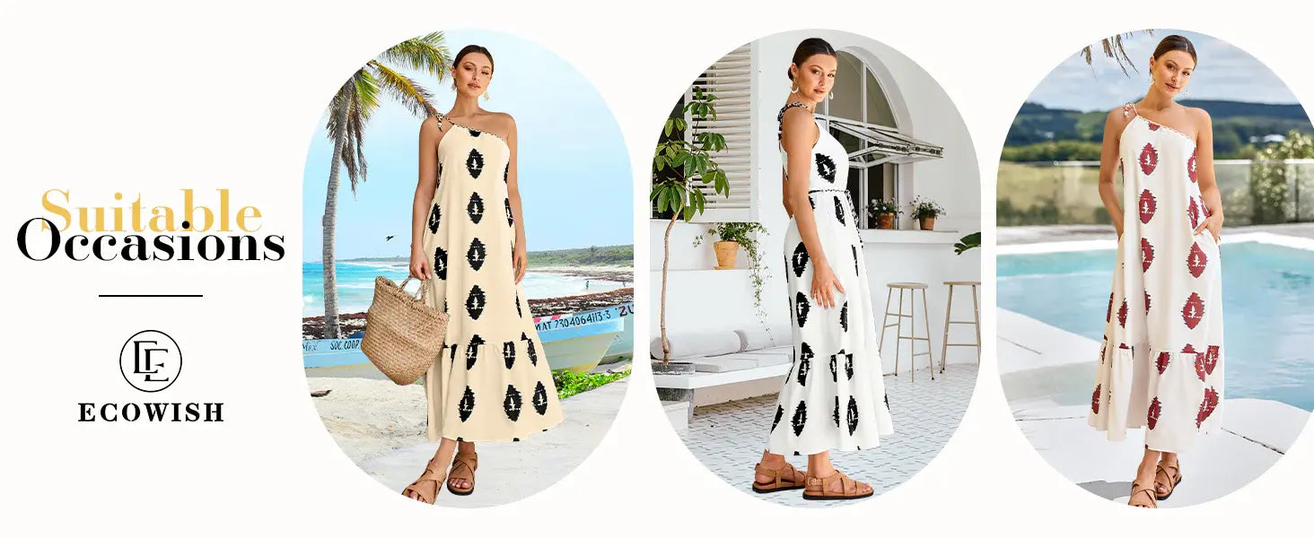 Womens Summer Maxi Dresses: One Shoulder Midi Dresses Boho Beach Vacation Long Sundress with Pockets Touch Data