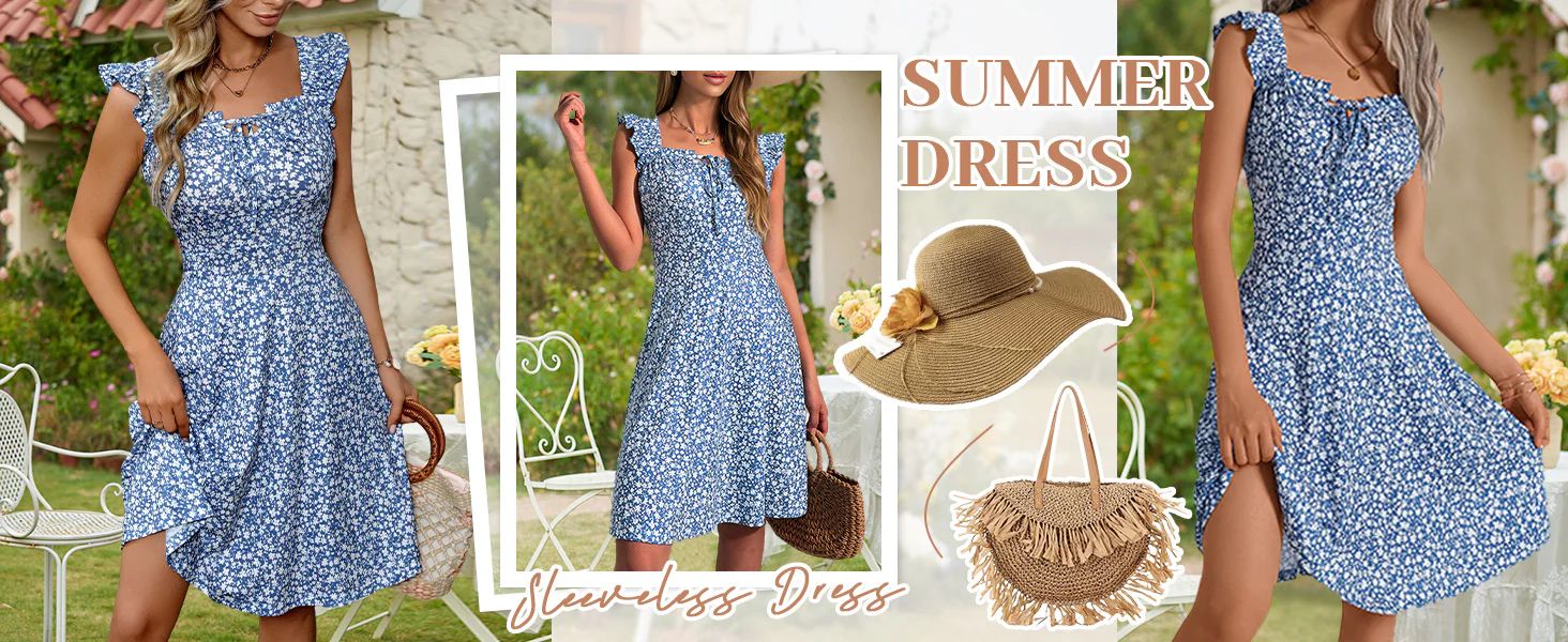 202405131945 Summer Sun Dresses for Women 2024 Adjustable Square Neck Sleeveless Midi Floral Graduation Beach Casaul Sundress...