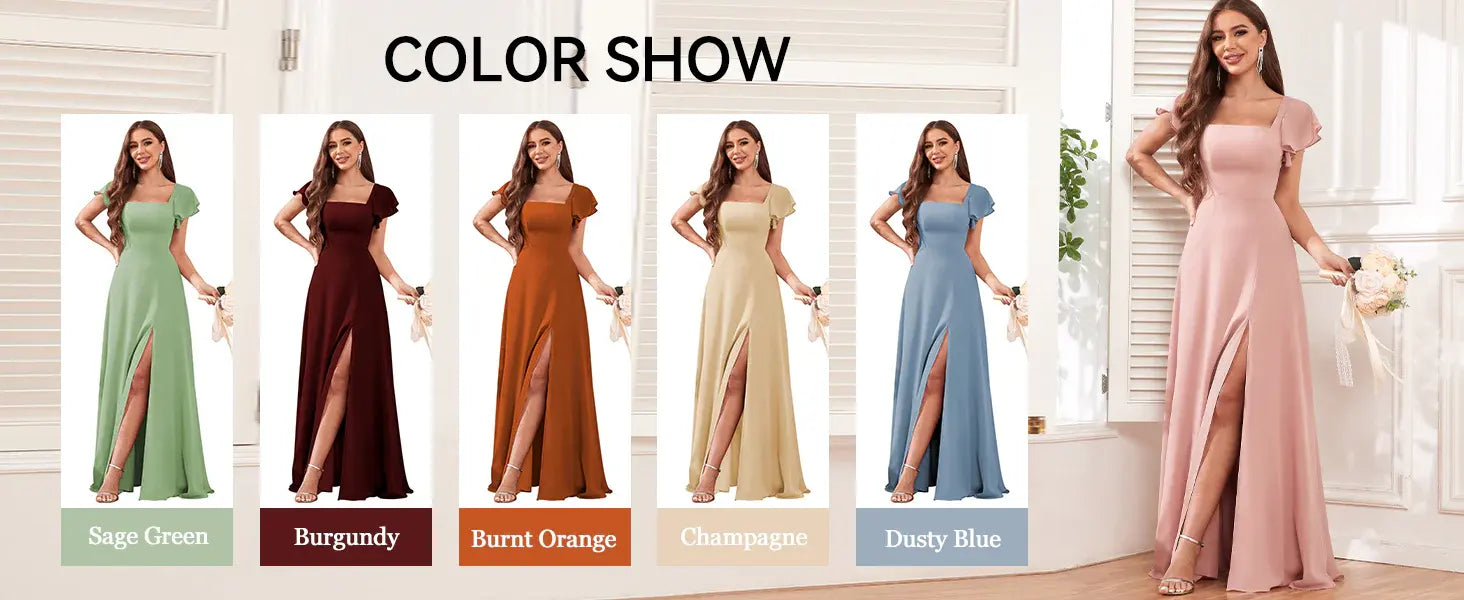 Women's Chiffon Bridesmaid Dresses Ruffle Sleeve A Line Long Evening Formal Party Dress with Slit Touch Data          Ruffle ...