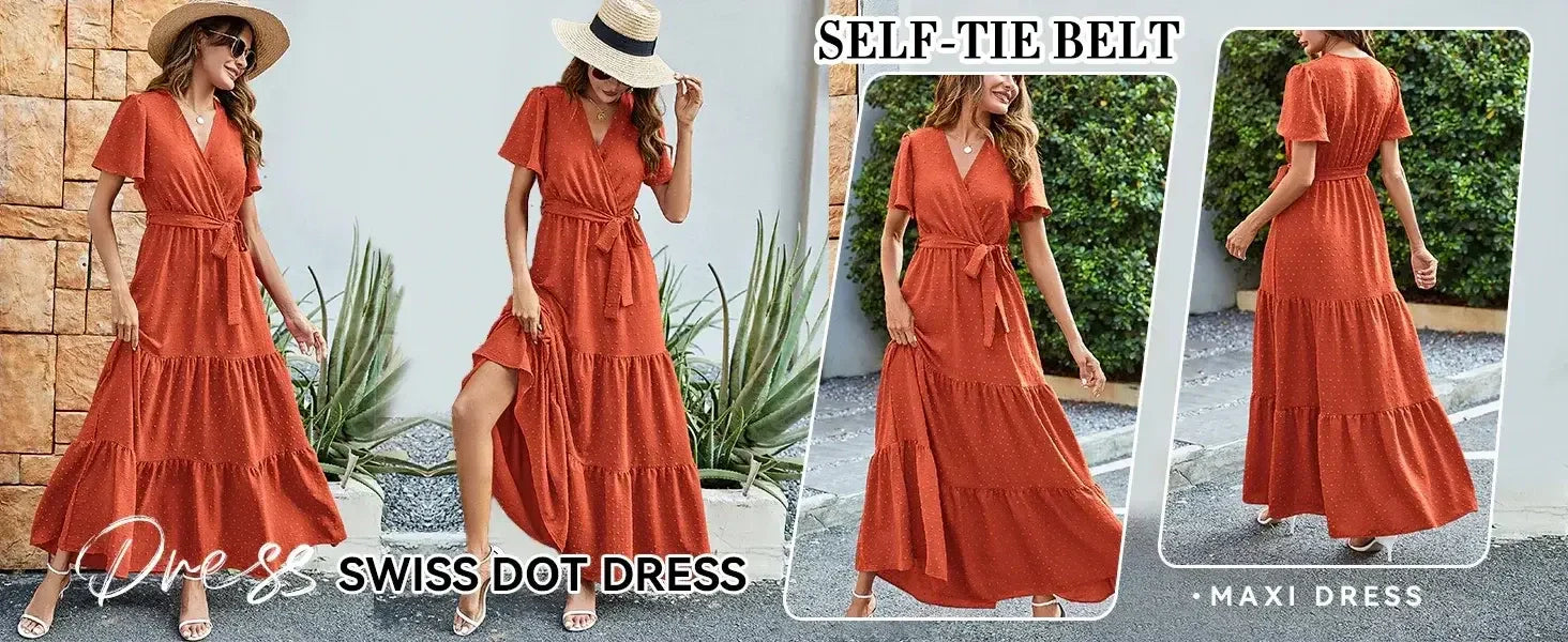 Ladies Flattering Tiered Flowy Empire Waist Dress for Women Self-tie Belt Party Dresses for Women