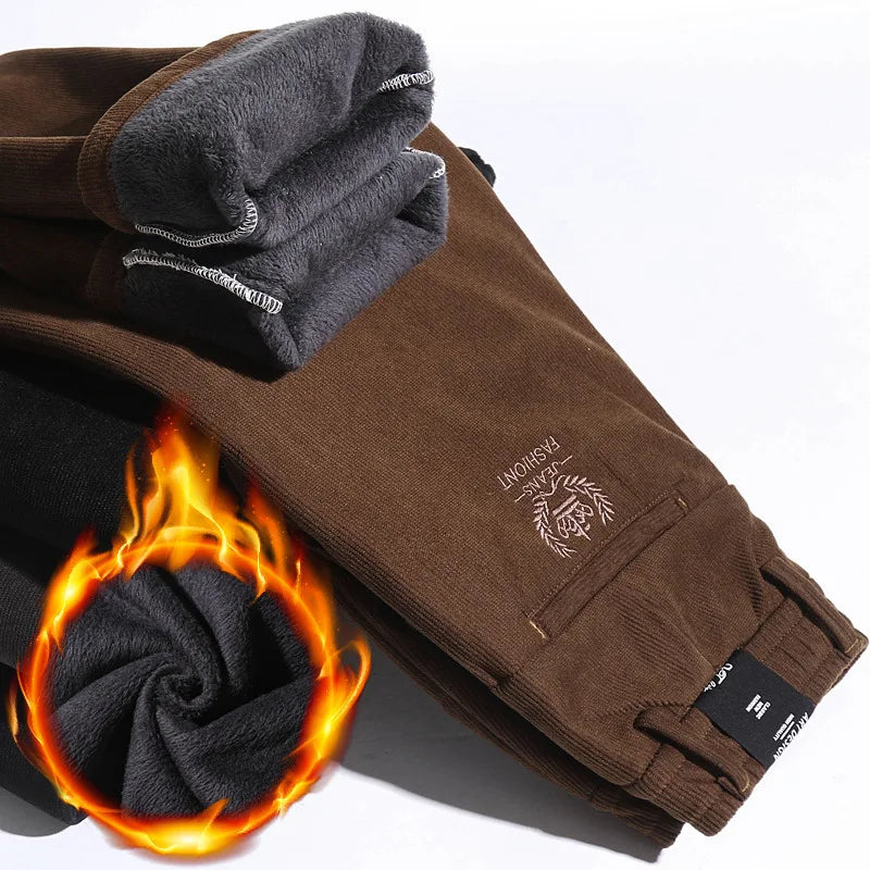 Corduroy Winter Pants Thicken Warm Fleece Brown Black Casual Pants Men Clothing Straight Regular Fit Trousers For Male 2022