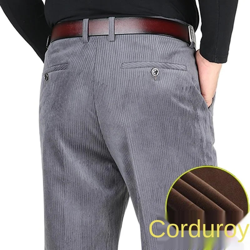 Double Pleated Corduroy Pants Men Black Brown Thicke Warm Loose High Waist Trousers For Men Clothing 2021