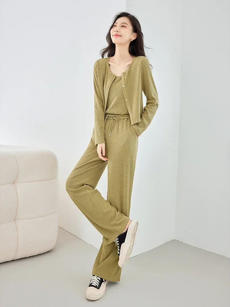 Three Piece Knit Pant Set Cardigan + Tank Top + Wide Leg Pant