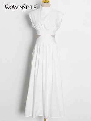 Cut Out Stand Collar Sleeveless High Waist Minimalist Midi Dress - Virtuosity Wear