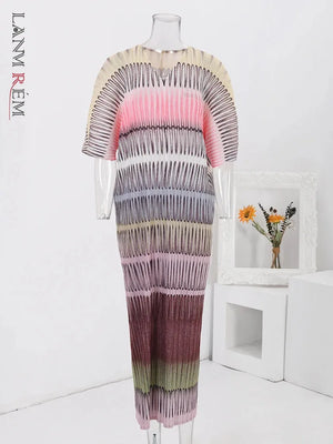 LANMREM Striped Printed Pleated Long Dress V Neck Batwing Sleeves Dresses Fashion Clothing - Virtuosity Wear