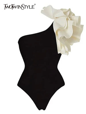 Patchwork Appliqués Diagonal Collar Sleeveless High Waist Bodysuit - Virtuosity Wear