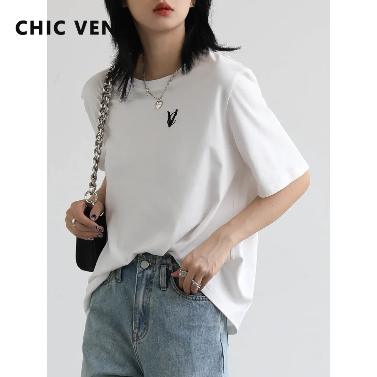 Basic Loose Letter Embroidery O Neck Tees Female Tops