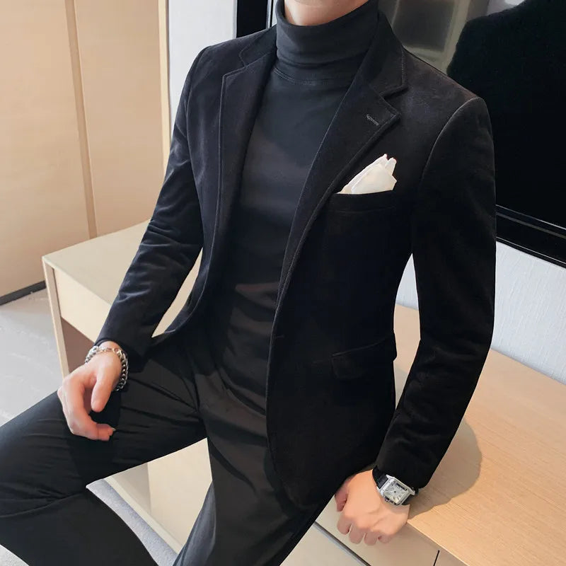 Blazer Hombre Autumn Winter New Fashion Velvet Blazer Jackets For Men Korean Luxury Clothing Slim Fit Formal Suit Coats Black