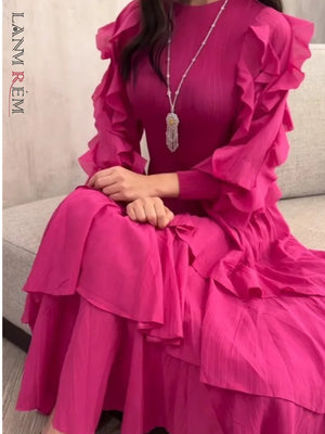 LANMREM Ruffles Pleated Dress Women Long Sleeves Fashion Solid Color High Waist Stitching Dresses Party Clothing - Virtuosity Wear