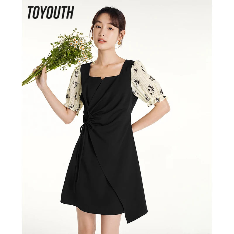 Short Sleeves Square Neck A-shaped Design Drawstring Waistband Splicing Floral Print Dress