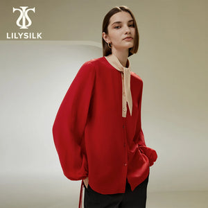 LILYSILK Silk Patchwork Blouse for Women 2023 Drawstring Sleeves Tied Neck Button Front Top Elegant Clothing  Free Shipping - Virtuosity Wear