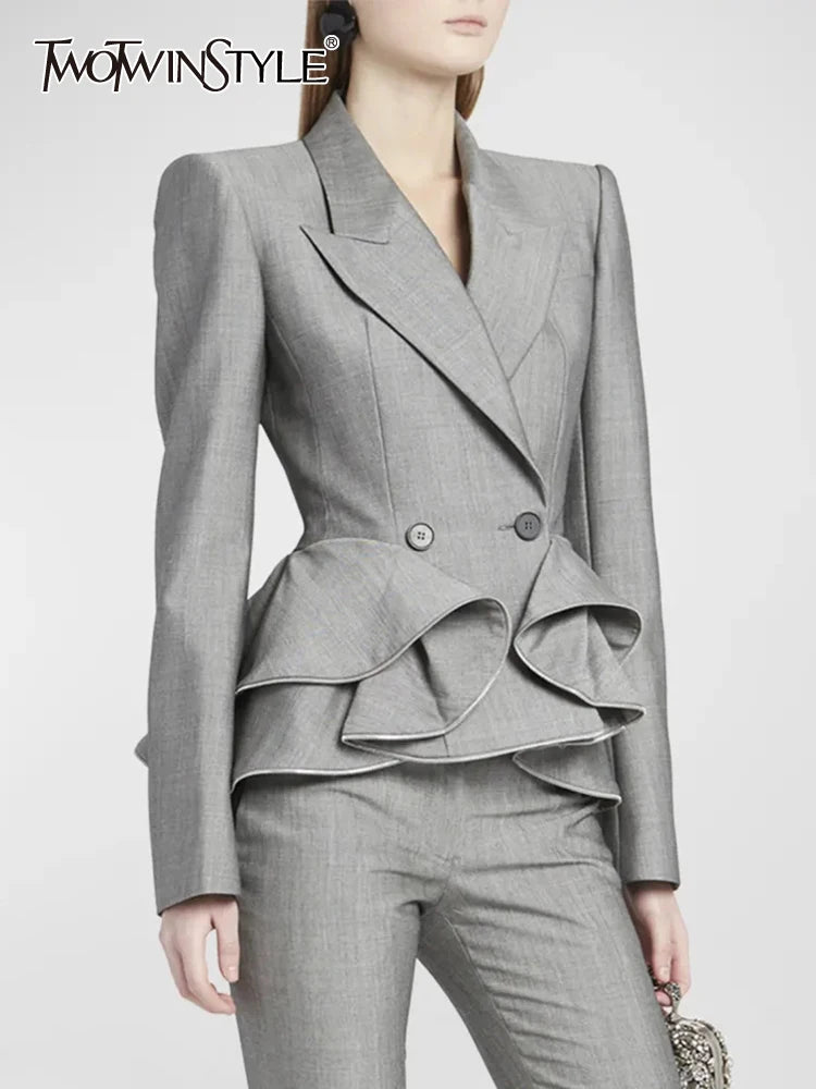 Notched Collar Patchwork Ruffles Long Sleeve Spliced Double Breast Blazer