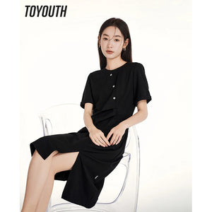 Short Sleeves Round Neck A-shaped Loose Pleated Waist Split Hem Dress - Virtuosity Wear