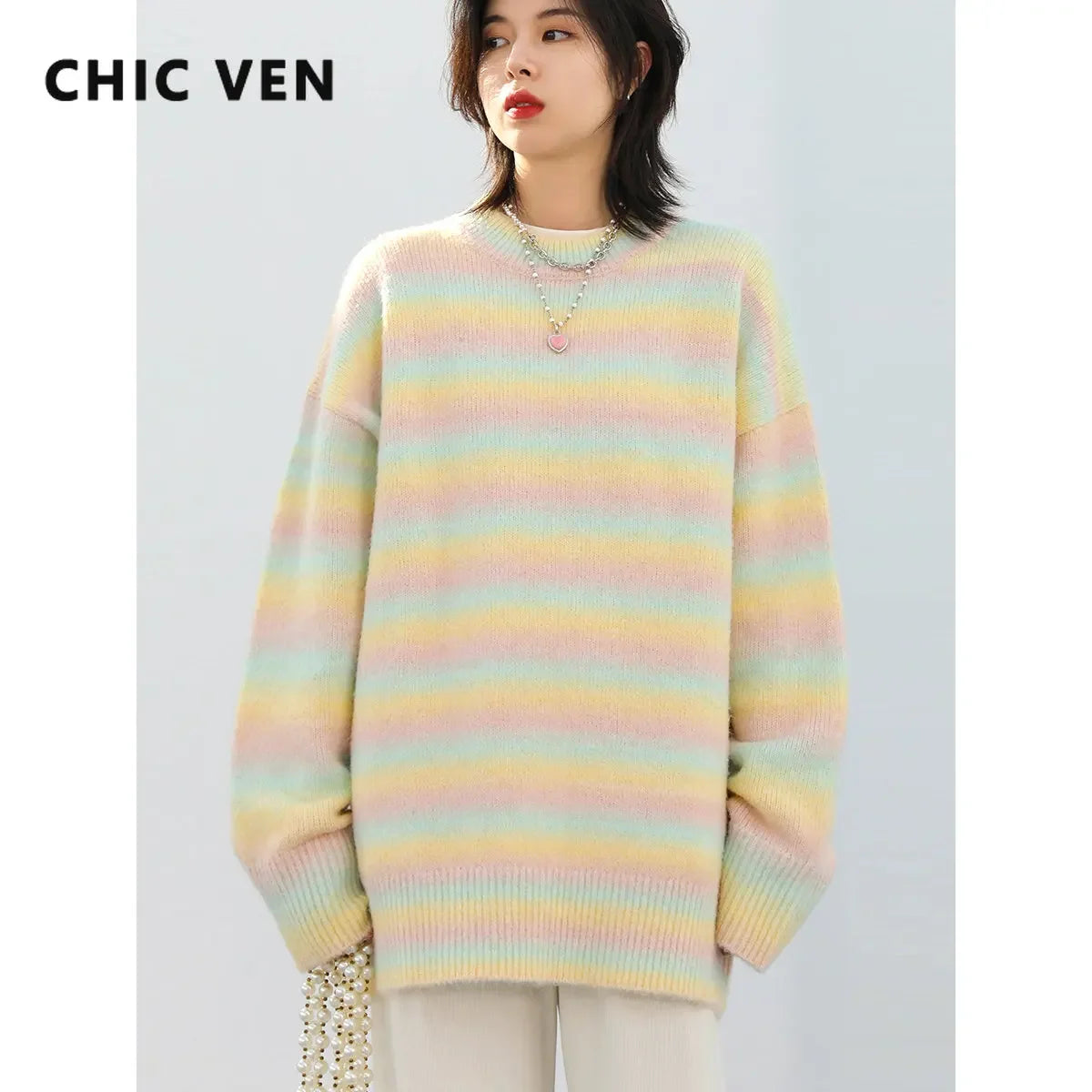 Sweater Casual Loose Gradient Stripe Pullover Knit-wears