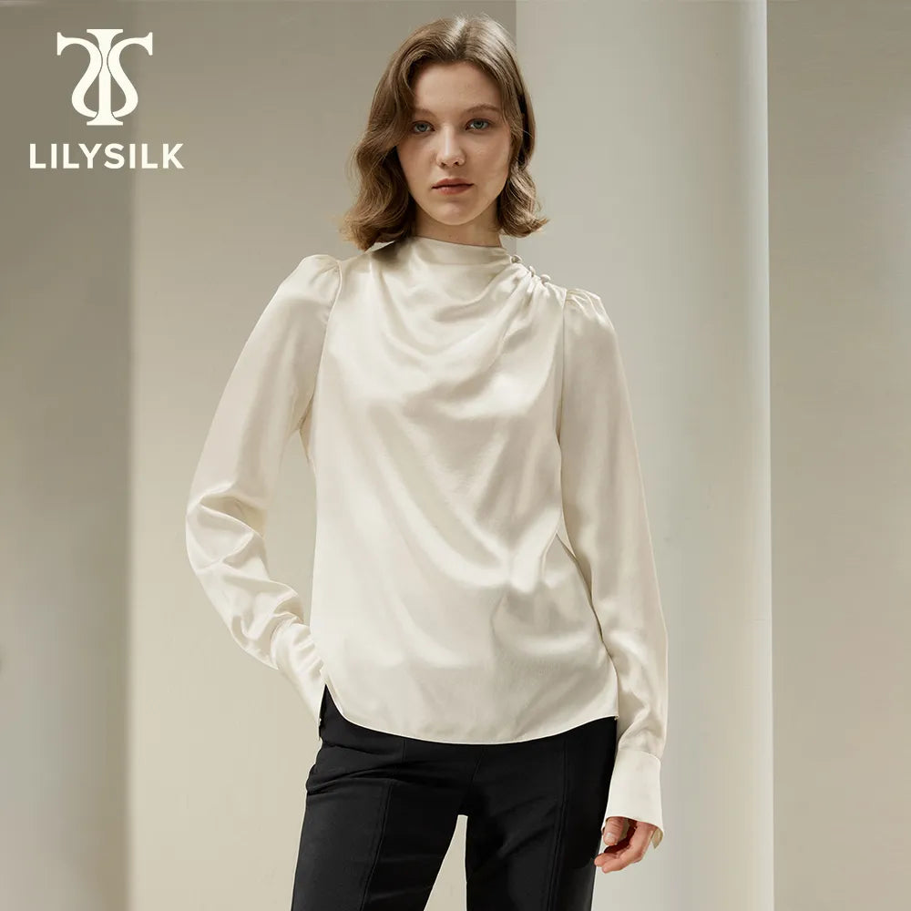 LILYSILK Silk Blouse for Women 2023 Fall New 22 Momme Puff Sleeve Button Design High Neck Top Office Traf Outfits Free Shipping