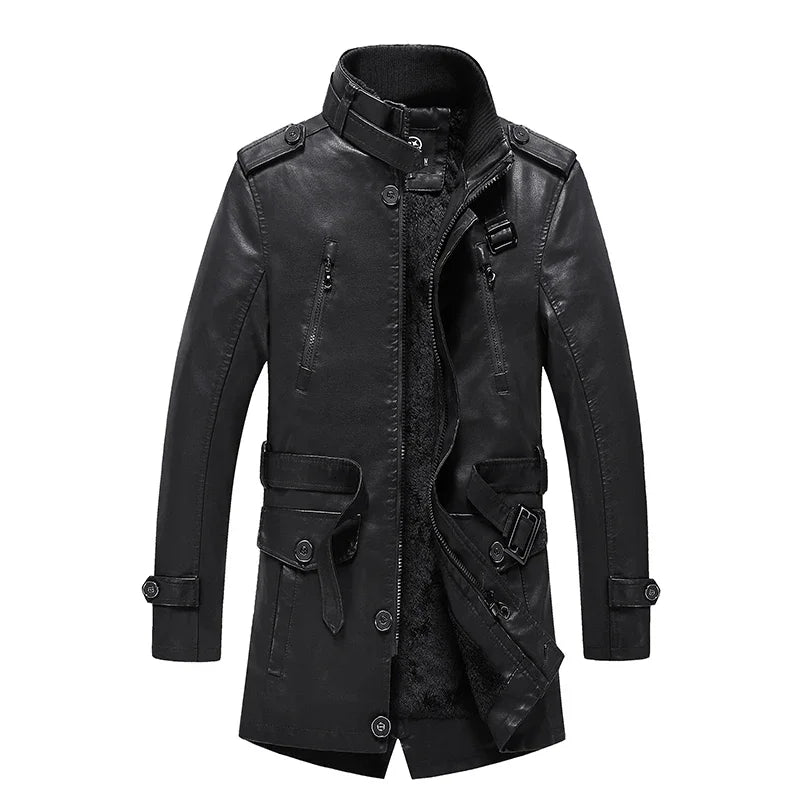 Winter Long Men's Leather Jacket  PU Coat Leather Biker Jacket Solid Outwear Men's Clothing brand Coat Men Casual Biker leather