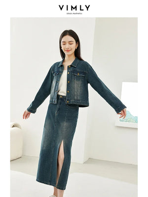 Vimly Autumn Denim Skirt Sets Women 2 Piece Outfit 2023 Autumn Cropped Lapel Jeans Jackets Split Maxi Skirts Matching Sets 16107 - Virtuosity Wear