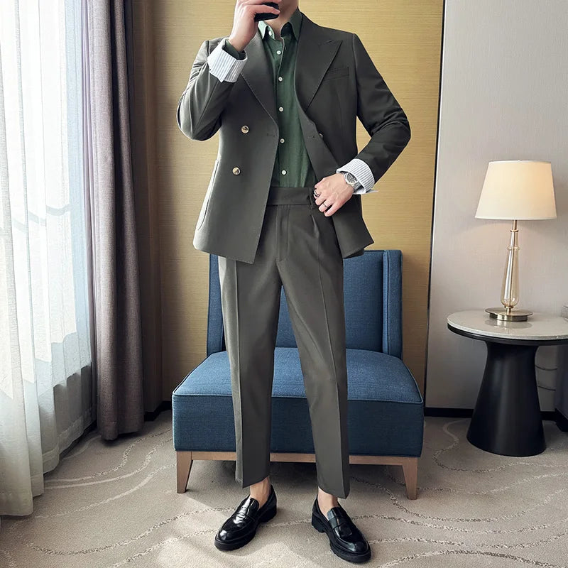 2Pieces Double Breasted Blazer Jackets And Pants Men's Sets Fashion Striped Cuffs With Rolled Edges Thin Blazers Suit Coats 3XL