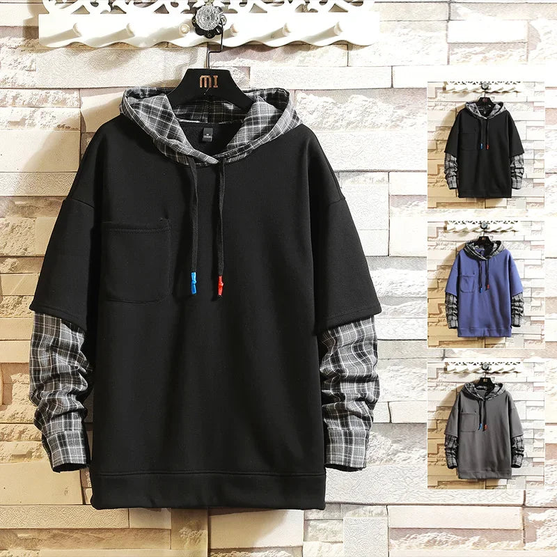 2024 Spring Autumn Black Patchwork Hoodies MEN'S Sweatshirts Hiphop Punk Streetwear Casual Pullover
