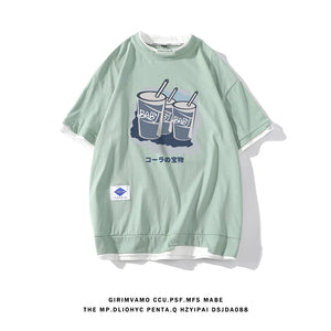 Milk Tea Cartoon Graphic Tshirt Korean Style Patchwork Tees Couples Oversized T Shirt Summer Unisex Short Sleeve Tops Male Shirt - Virtuosity Wear