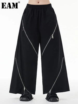 High Elastic Waist Zipper Irregular Wide Leg Pants - Virtuosity Wear