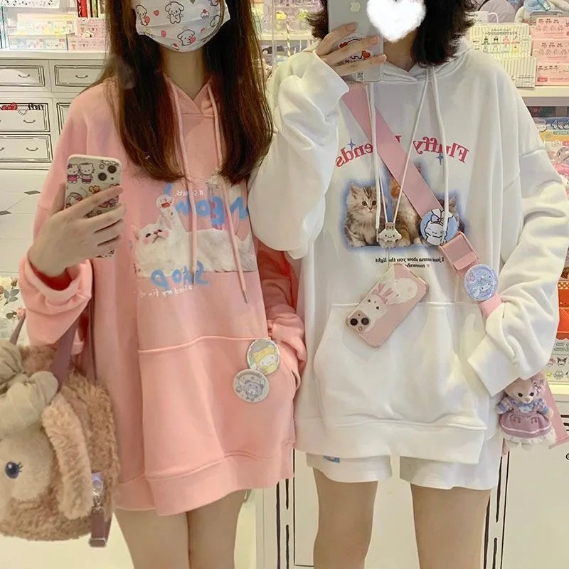 Animal Print Cat Hoodies Women Sweatshirts Hooded With Pocket 2023 Spring Autumn Cute Aesthetic Hoodie Thin Oversized Top Teen