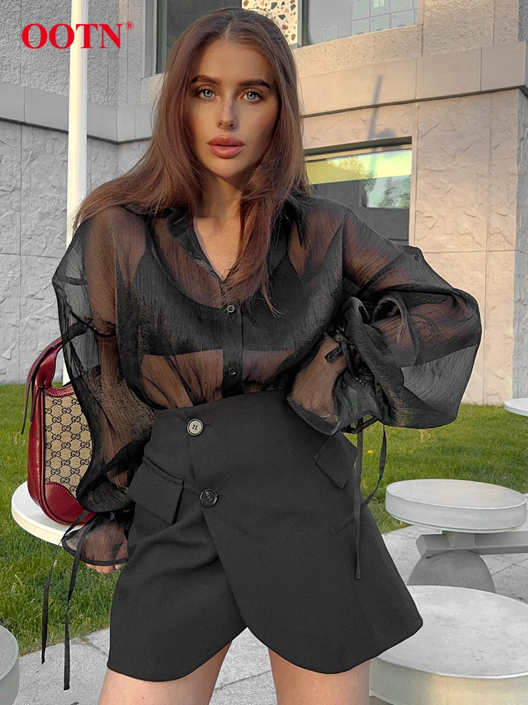 Sexy Hollow Out Button Up Blouse
