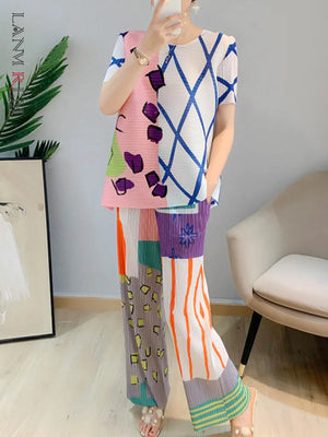 LANMREM Pleated Printed Set Women Spring Summer New Round Neck Short Sleeve T-shirt Straight Pants 2 Piece Sets - Virtuosity Wear