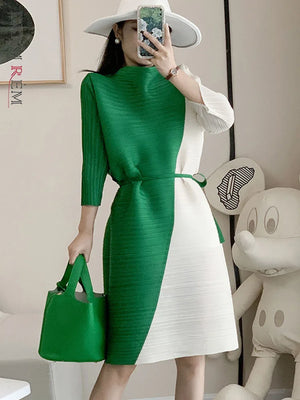 LANMREM Color Block Pleated Dress For Women Stand Collar Loose Bandage Waist Dresses - Virtuosity Wear