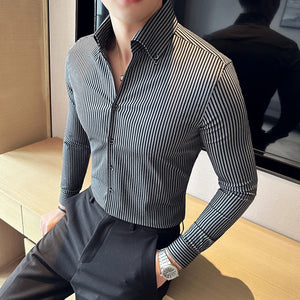 Camisas De Hombre High Quality Men's Social Shirts Slim Fit Korean Luxury Clothing Simple Long Sleeve Striped Shirts For Men - Virtuosity Wear