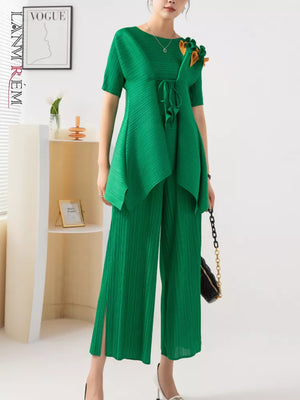 LANMREM 2 Pieces Pleated Set Women Summer Drawstring Loose Irregular Top With Wide Leg Pants Female Elegant Clothing - Virtuosity Wear