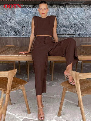 Linen Short Top High Waist Wide Leg Pants Two Piece Set - Virtuosity Wear