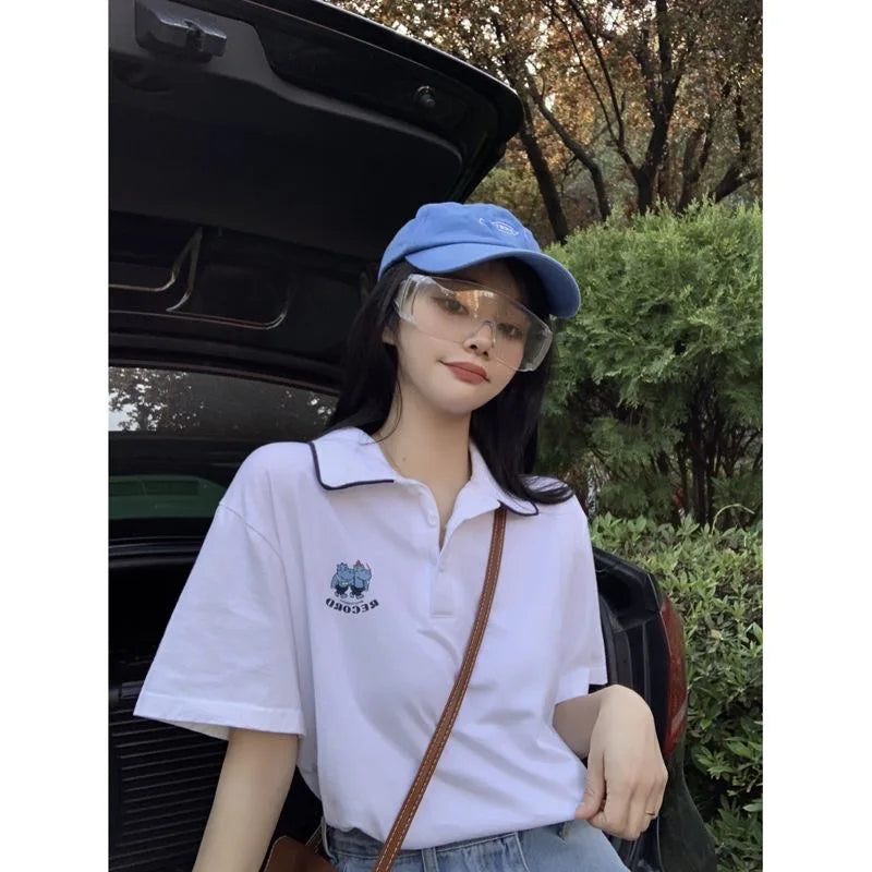 Preppy Style Polo Shirts Short Sleeve Cotton White Women Tshirt Summer Y2K Harajuku Casual Oversized Tops T Shirts