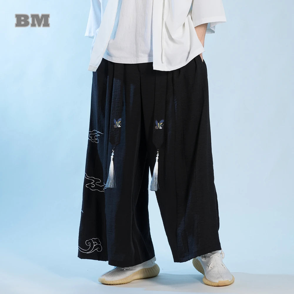 Chinese Traditional Dress Plus Size Wide Leg Cropped Pants Men Clothing Summer Tai Chi Kung Fu Ice Silk Straight Pants Male