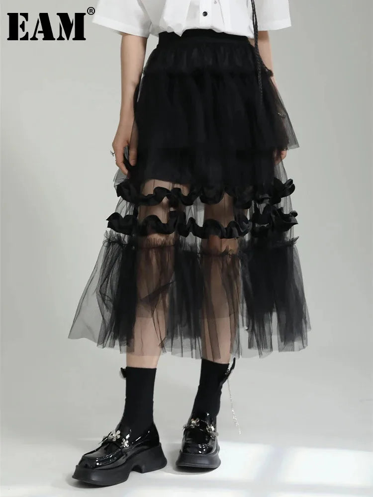 High Elastic Waist Irregular Mesh Perspective Midi Half-body Skirt