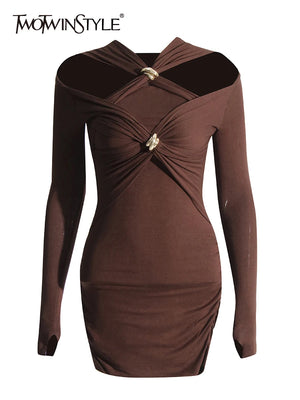 Solid Slimming Hollow Out Sexy  V Neck Long Sleeve High Waist Mini Bodycon Dress - Virtuosity Wear