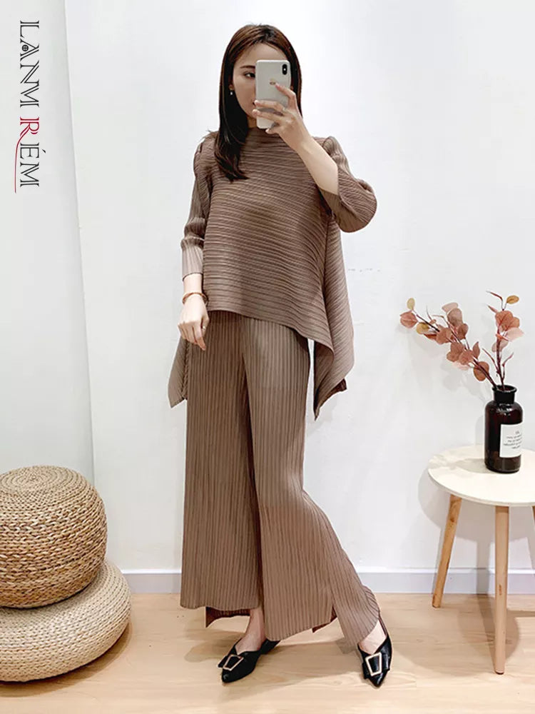LANMREM Pleated Suit Set Women's Spring Summer New Irregular Loose Top With Wide Leg Pants Fashion Two Piece Sets