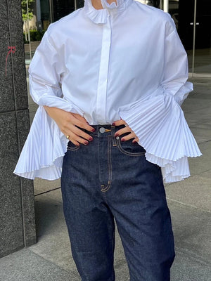 LANMREM Designer Fashion Shirts Women Big Flare Sleeves Single Breasted Loose Korean Style Female Top - Virtuosity Wear