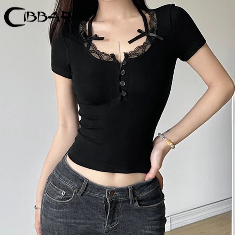 CIBBAR Solid Lace Stitching Crop Top Women Sweet y2k Short Sleeve Bow Patchwork T-shirt Summer Elegant Cute Tees Summer Fashion