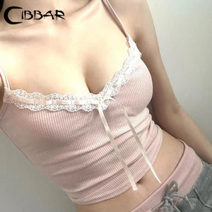 CIBBAR Cute Bandage Bow Spaghetti Strap Top Women Pink Sweet Coquette Sweet Cropped Tops y2k Aesthetic Ladies Summer Kawaii Tees - Virtuosity Wear