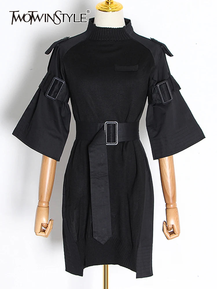 Tunic Round Neck Short Sleeve High Waist Spliced Lace Up Mini Pullover Dress