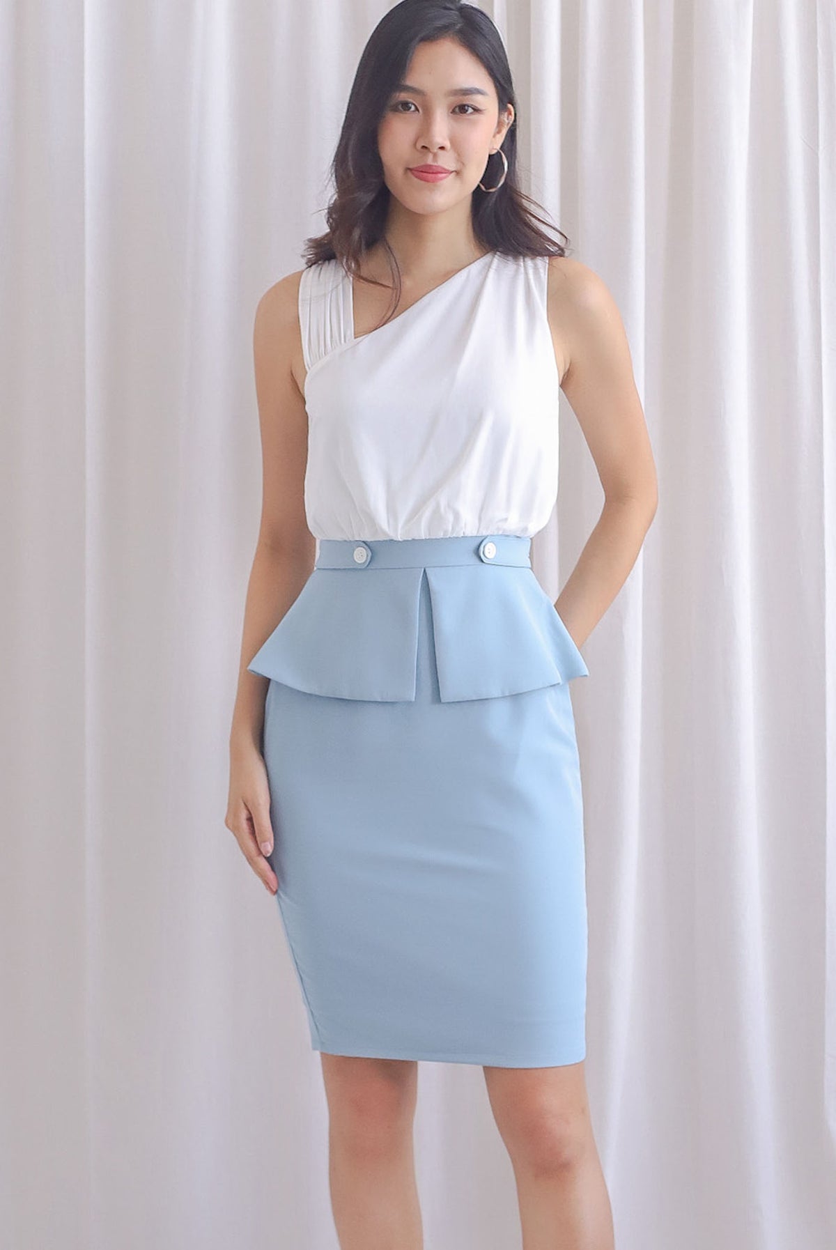 Asymmetrical Peplum Dress with Sleeves, Knee Length